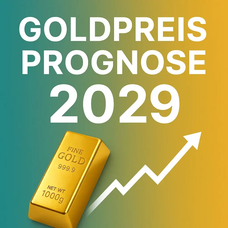 Grafik mit Goldbarren und Pfeil nach oben zur Darstellung der Goldpreis Prognose 2029 auf farbigem Hintergrund