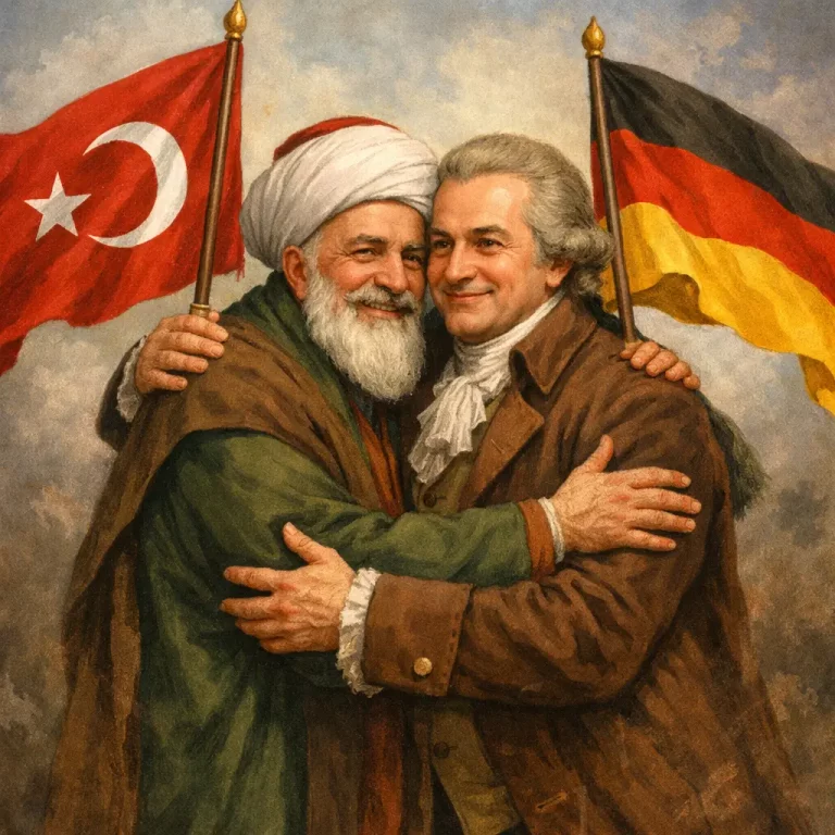 bild Erzurumlu Ibrahim Hakkı (in seinem traditionellen Gelehrten-Gewand mit Turban) und Adolph Freiherr Knigge wo sich beide umarmen mit den fahnen in der hand